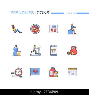 Fitness - colorful line design style icons set. Healthy lifestyle, eating and workout ideas. Weight scales, pulse, exercises, stopwatch, running track Stock Vector
