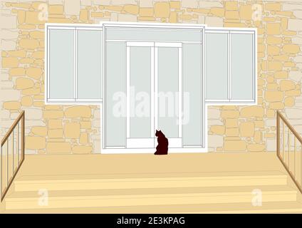 wood patio doors and black cat Stock Vector