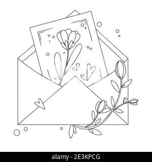 Envelope with postcard, flowers and hearts. Holiday package. Vector illustration in sketch style. Stock Vector