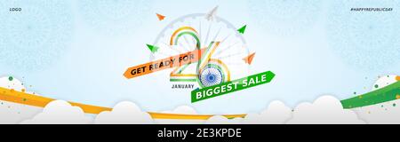 Indian Republic Day Sale Website Banner with Indian Flag Tri colors Ribbon 26 text and Ashoka wheel on sky Background Stock Vector