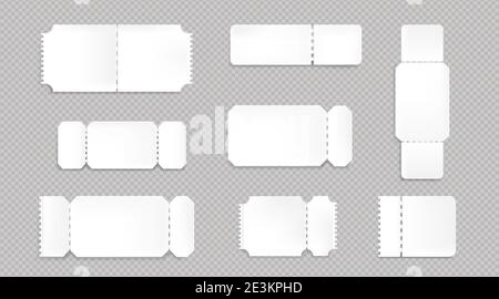 Mockup of tickets to movie theater, concert, circus or festival, coupons for gift or invitation. Vector realistic template of blank white tickets with ribbed edges isolated on transparent background Stock Vector