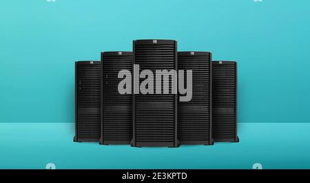 Group of server with fast digital network connection. Cyan background Stock Photo