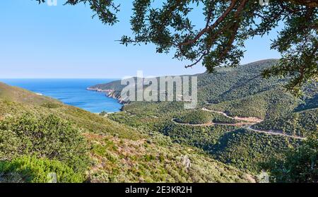 Panoramic view of Mamba Beach (Ampelos) from the road, Sithonia, Halkidiki, Greece; scenic sea bay Stock Photo