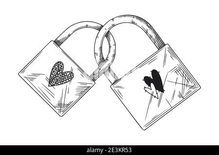 Two closed locks symbol of love. Sketch two locks and with hearts. Vector illustration in sketch style. Stock Vector