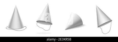 White party hat for birthday, anniversary, christmas celebration. Vector realistic 3d mockup of blank cone head caps for carnival, holidays and festive isolated on white background Stock Vector