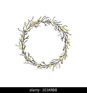 Wreath from branches, twigs and yellow flowers on white background. Spring garland with text. Hello spring greeting cards. Vector illustration. Stock Vector