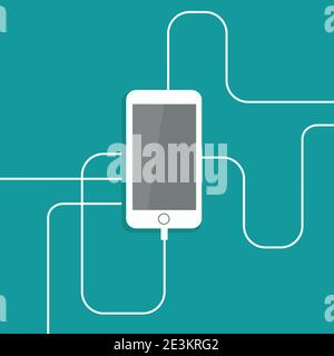 white smartphone with usb flex and white wire cable. Flat vector icon isolated on blue color. mobile device. Listen sound sign. Music and volume symbo Stock Vector