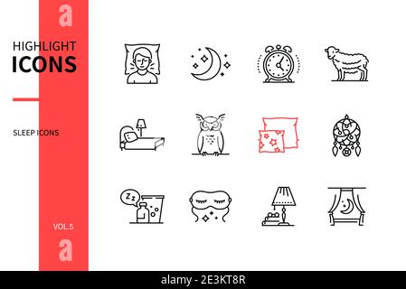 Healthy sleeping - line design style icons set on white background. Sleeper, moon, alarm clock, sheep, bed, owl, pillows, dreamcatcher, sleeping aid, Stock Vector