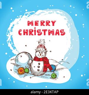 Christmas Illustration With Snowman - New Year Postcard In Retro style With Text  - Vector. Stock Vector