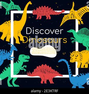 Discover Dinosaurs - colorful flat design style poster with copy space for text. Prehistoric times idea. Illustration with triceratops, elasmosaurus, Stock Vector