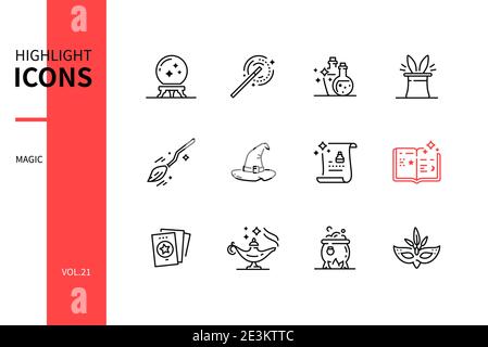 Magic concept - line design style icons set. Mystic objects and accessories. Ball and wand, potion, broomstick, witch hat, cards, lamp, cauldron, mask Stock Vector