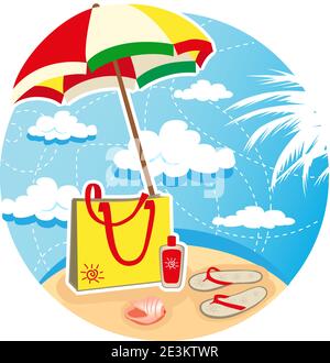 Vector illustration of parasol, flip flops and beach bag on the summer tropical beach. Stock Vector
