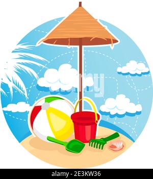 Vector illustration of summer tropical beach with a beach umbrella, ball, shell, and toys. Isolated on white. Stock Vector