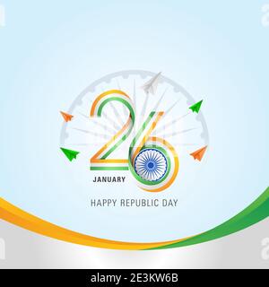 Indian Republic Day with Indian Flag Tri colors Ribbon 26 text with Ashoka wheel on sky Background Stock Vector