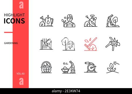 Gardening concept - line design style icons set. Summer activity, occupation. Watering pot, gardener, sprayer, planting, tools, fertilizer, raking, cu Stock Vector