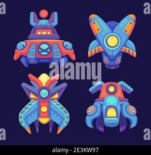 Alien space ships, ufo rockets, fantasy bizarre shuttles, computer game graphic design elements, cosmic collection of funny spaceships isolated on blue background, Cartoon vector illustration set Stock Vector