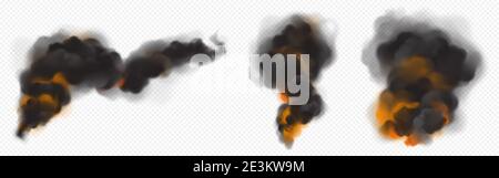 Black smoke clouds with orange backlight from fire. Vector realistic set of dark hot fog streams, smoke from burning flame, fiery smog isolated on transparent background Stock Vector