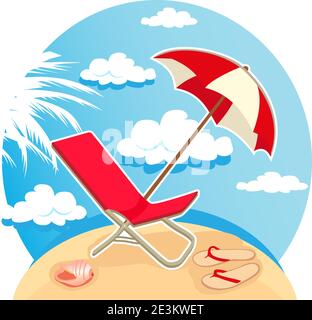 Vector illustration of parasol, flip flops and chair on the summer tropical beach. Stock Vector