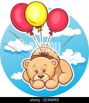 Illustration Of Cute Teddy Bear Flies On Balloons. Stock Vector