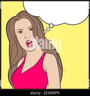 Illustration of fashion woman face with red lips and dark hair. Style Pop Art. Stock Vector