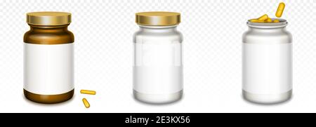 Medicine bottles with golden lids and yellow pills isolated on transparent background. Vector realistic 3d mockup of brown and white containers with blank label and gold lid with medical drugs Stock Vector