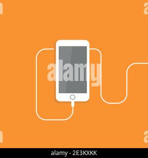 white smartphone with usb flex. Flat vector icon isolated on orange color. mobile device. Listen sound sign. Music and volume symbol. Good for web and Stock Vector