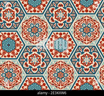 Decorated patterned hexagon cement ceramic tiles, seamless vector pattern, patchwork style. Portuguese azulejo, talavera, moroccan tiles Stock Vector