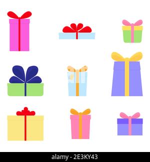Vector set of different gift boxes with bows isolated on white. Flat design style illustration Stock Vector