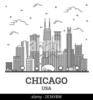 Outline Chicago Illinois USA City Skyline with Modern Buildings Isolated on White. Vector Illustration. Chicago Cityscape with Landmarks. Stock Vector