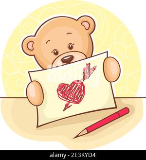 Illustration of cute Teddy Bear holding envelope with heart. Stock Vector