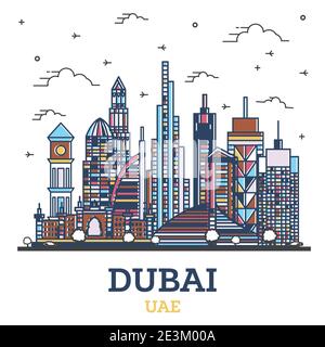 Outline Dubai United Arab Emirates (UAE) City Skyline with Modern Colored Buildings Isolated on White. Vector Illustration. Dubai Cityscape Stock Vector