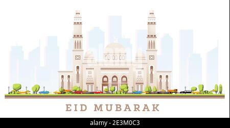 Ramadhan Kareem. Eid Mubarak Greetings with Jumeirah Mosque Isolated on White. Vector Illustration. Elegant Islamic Mosque Building. Stock Vector