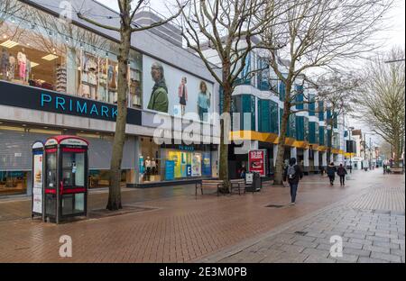 A view of a semi deserted shopping center in Croydon, a large town of south London.Only 33,355 positive Covid19 cases have been recorded today, the lowest number of daily cases since December 27th- before the start of England’s third nationwide lockdown. Stock Photo