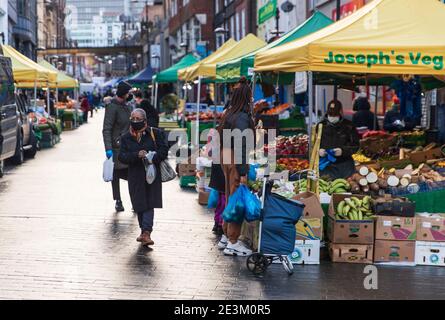 A general view of Surrey Street Market in Croydon.Only 33,355 positive Covid19 cases have been recorded today, the lowest number of daily cases since December 27th- before the start of England’s third nationwide lockdown. Stock Photo