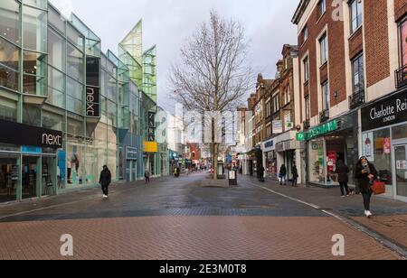 A view of a semi deserted shopping center in Croydon, a large town of south London.Only 33,355 positive Covid19 cases have been recorded today, the lowest number of daily cases since December 27th- before the start of England’s third nationwide lockdown. Stock Photo