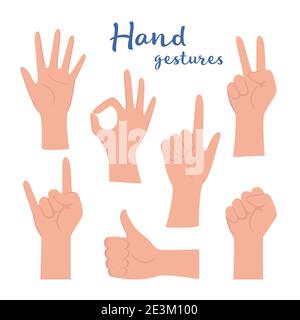 Hand gesture set. human hands showing thumbs up, pointing and greeting, OK. Various hand symbols. Interactive communication set. Vector illustration Stock Vector