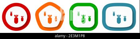 Bomb, war, military, weapon vector icon set, flat design buttons on white background Stock Vector