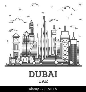 Outline Dubai United Arab Emirates (UAE) City Skyline with Modern Buildings Isolated on White. Vector Illustration. Dubai Cityscape with Landmarks. Stock Vector