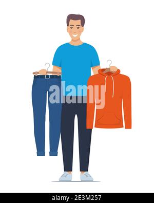 Smiling young man holding hangers with trousers and sweatshirt. Choosing clothes concept. Vector illustration in flat style Stock Vector