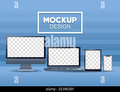 bundle of four devices mockup branding icons vector illustration design Stock Vector