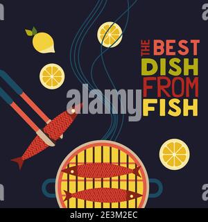 BBQ seafood cooking flat color vector poster Stock Vector