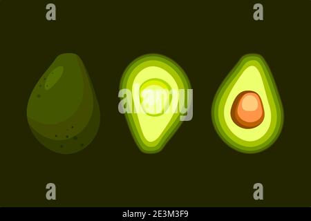 Whole and half avocados isolated on dark green background. Healthy plant-based food for vegetarians and vegans. EPS10 vector format Stock Vector