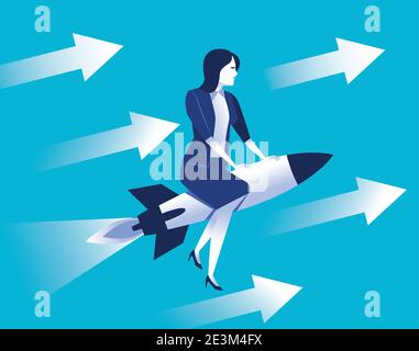 elegant businesswoman worker flying in rocket with arrows vector illustration design Stock Vector