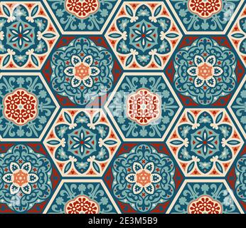 Decorated patterned hexagon cement ceramic tiles, seamless vector pattern, patchwork style. Portuguese azulejo, talavera, moroccan tiles Stock Vector