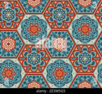 Decorated patterned hexagon cement ceramic tiles, seamless vector pattern, patchwork style. Portuguese azulejo, talavera, moroccan tiles Stock Vector