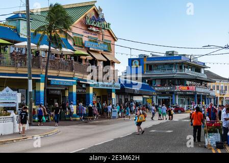 George Town, Grand Cayman Island, UK - February 27, 2019: View of the main tourist shopping area of Cayman.  Located near the main cruise port is resp Stock Photo