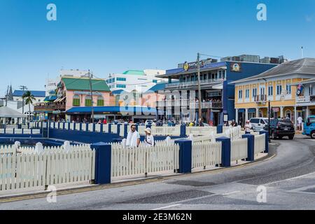 George Town, Grand Cayman Island, UK - February 27, 2019: View of the main tourist shopping area of Cayman.  Located near the main cruise port is resp Stock Photo