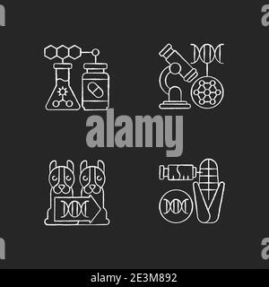 Genetic modification chalk white icons set on black background Stock Vector