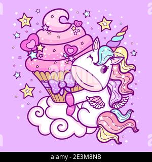 Cute cartoon unicorn with a cupcake on a cloud. Fantasy animal. Children's illustration. Vector. Stock Vector