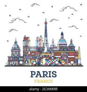 Outline Paris France City Skyline with Colored Historic Buildings Isolated on White. Vector Illustration. Paris Cityscape with Landmarks. Stock Vector